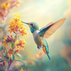 Obraz premium Hummingbird feeding on yellow flowers in soft light.