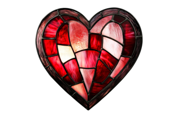 Intricate stained glass heart with red and pink tones, metal framing isolated on white transparent background, symbolizing love, passion, and art