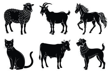 Animals silhouette set. Domestic animal silhouettes cat, cow, dog, horse, goat, sheep vector illustration