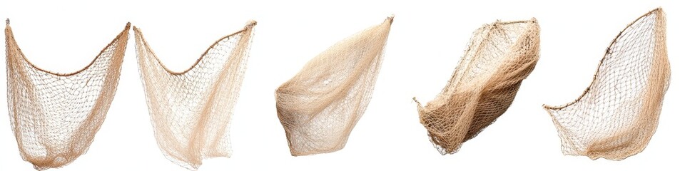 Five beige fishing nets in various poses, isolated on white background.