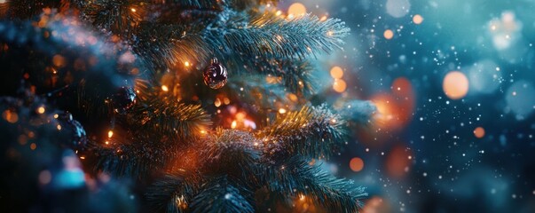Obraz premium Festive Christmas Tree: Classic Christmas tree with decorations, sparkling lights, focus on traditional holiday atmosphere, cozy and warm feeling