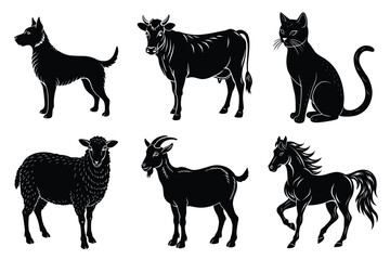 Animals silhouette set. Domestic animal silhouettes cat, cow, dog, horse, goat, sheep vector illustration
