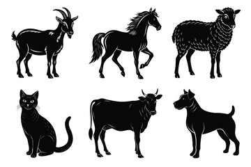 Animals silhouette set. Domestic animal silhouettes cat, cow, dog, horse, goat, sheep vector illustration