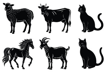 Animals silhouette set. Domestic animal silhouettes cat, cow, dog, horse, goat, sheep vector illustration