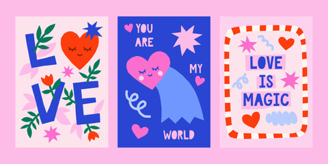 Fototapeta premium Cute cutout style Valentine's Day vector cards. Hand drawn simple illustrations set with comet, hearts, love lettering, abstract shapes