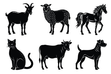 Animals silhouette set. Domestic animal silhouettes cat, cow, dog, horse, goat, sheep vector illustration