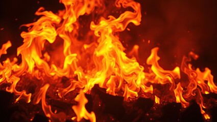 Mesmerizing background of intense, blazing orange and yellow flames that appear to be dancing in mid-air, with flickering embers and wisps of smoke adding depth and texture.