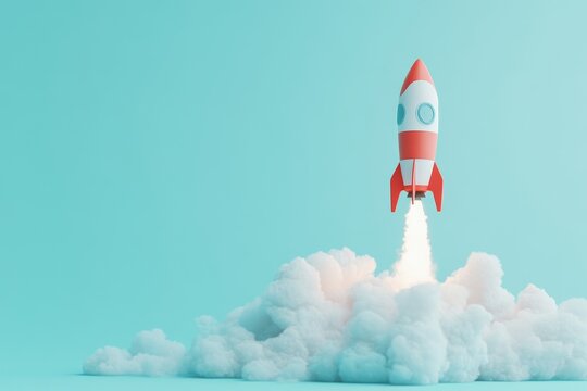 Red rocket launching from white clouds on a light blue background.