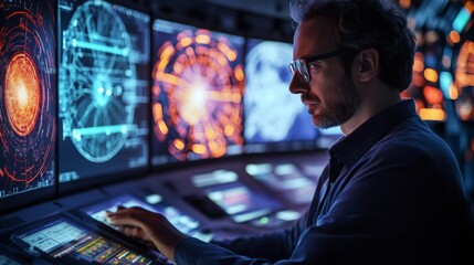 A focused professional analyzes complex data on multiple screens. The workspace is illuminated by vibrant graphics. Technology inspires innovation. Generative AI