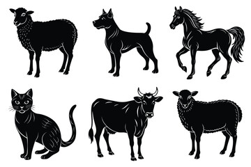 Animals silhouette set. Domestic animal silhouettes cat, cow, dog, horse, goat, sheep vector illustration