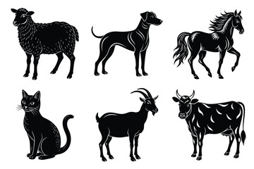 Animals silhouette set. Domestic animal silhouettes cat, cow, dog, horse, goat, sheep vector illustration
