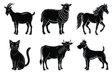 Animals silhouette set. Domestic animal silhouettes cat, cow, dog, horse, goat, sheep vector illustration
