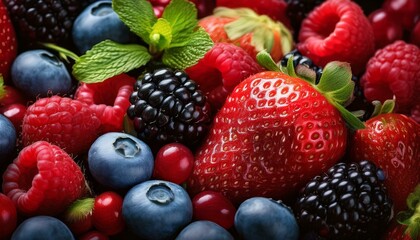 Fototapeta premium Berries closeup colorful assorted mix. strawberry