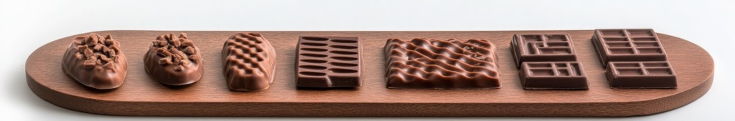 Obraz premium Assorted chocolate pieces on wooden board.