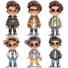 Six Cute Cartoon Boy Styles Posing, Fashion Illustration, White Background, Avatar Design