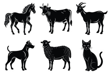 Animals silhouette set. Domestic animal silhouettes cat, cow, dog, horse, goat, sheep vector illustration