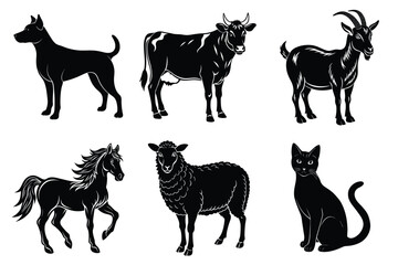 Animals silhouette set. Domestic animal silhouettes cat, cow, dog, horse, goat, sheep vector illustration