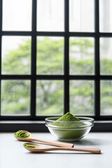A glass bowl of matcha, with green powder next to it and wooden spoons on the table in front of black window frames. The background is white, with large windows. 