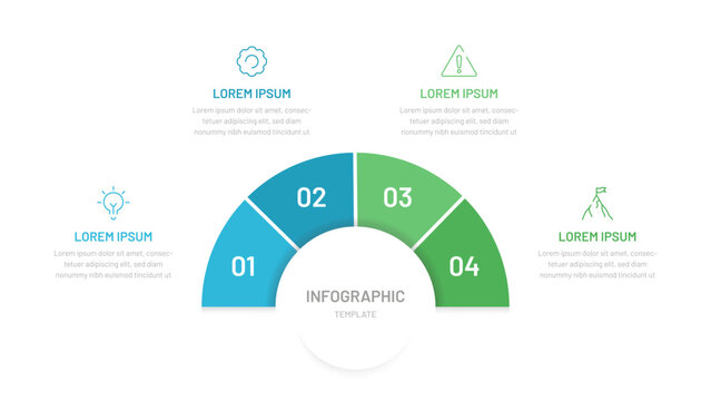 Semi circle pie chart divided into 4 parts with editable icons. A template for a presentation or website. Colorful infographics for business, startup, report, presentation, slides