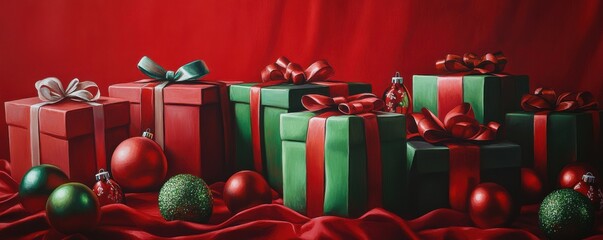 Festive red and green presents adorned with ribbons, surrounded by Christmas ornaments on a vibrant red backdrop, conveying a joyful holiday spirit