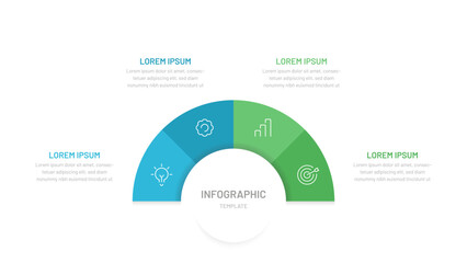 Semi circle pie chart divided into 4 parts with editable icons. A template for a presentation or website. Colorful infographics for business, startup, report, presentation, slides