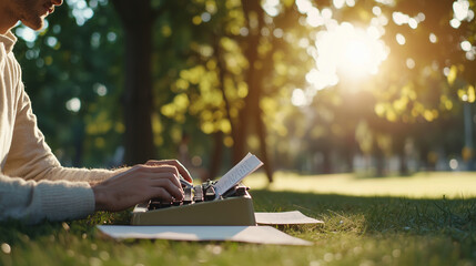 Movie Screenwriter in Park with Vintage Typewriter Inspiration Boards