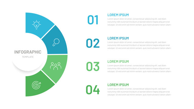 Semi circle pie chart divided into 4 parts with editable icons. A template for a presentation or website. Colorful infographics for business, startup, report, presentation, slides