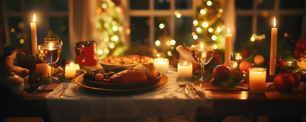 Obraz premium Festive table with Christmas-themed food and candles, cozy holiday dinner, warm ambiance.