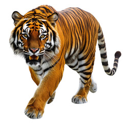 Fototapeta premium Majestic tiger walking confidently, showcasing its vibrant orange fur and striking black stripes. This powerful animal embodies strength and grace in its natural habitat
