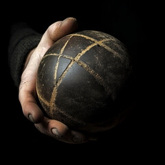 Hands holding an old ball.