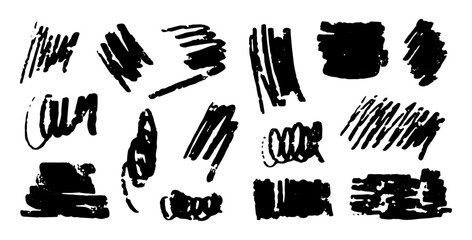 Black grunge charcoal strokes, lines, squiggle, swirls and shapes set. Vector hand drawn abstract shapes and lines drawn with pencil or charcoal. Circles, scribbles and smears.