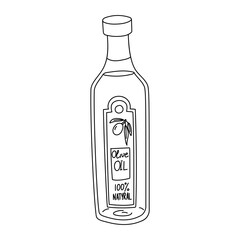 A glass bottle of olive oil is closed for the store. Outline illustration in sketch style, coloring book. Durable dark glass for sale with a label in full design. Isolated on white