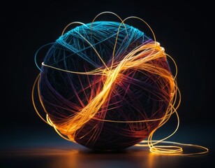 Abstract Sphere of Glowing, Intertwined Threads: 3D Render of Colorful Fiber Optics