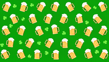 St. Patrick's Day Beer mugs and shamrocks on green background