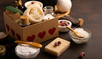 Natural Eco Friendly Beauty, Skin Care Products Concept. Zero Waste Bathroom, Spa Accessories on Wooden Background.
