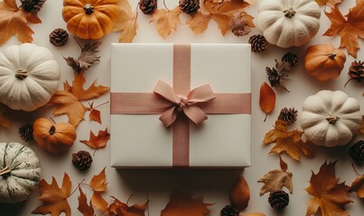 Flat lay of a Thanksgiving table setup with a gift box, decorative pumpkins, and autumn leaves creating a warm festive atmosphere