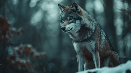 Majestic wolf in winter woods