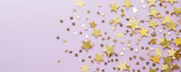 flat lay of shiny gold foil star-shaped confetti and glitter scattered across a soft pastel purple background, creating a festive and celebratory atmosphere with space in the middle for text
