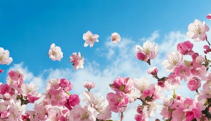 Fototapeta premium Spring flowers fly on a blue sky background. Beautiful pastel pink