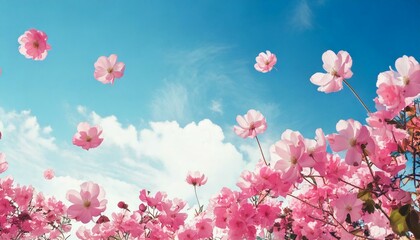 Fototapeta premium Spring flowers fly on a blue sky background. Beautiful pastel pink