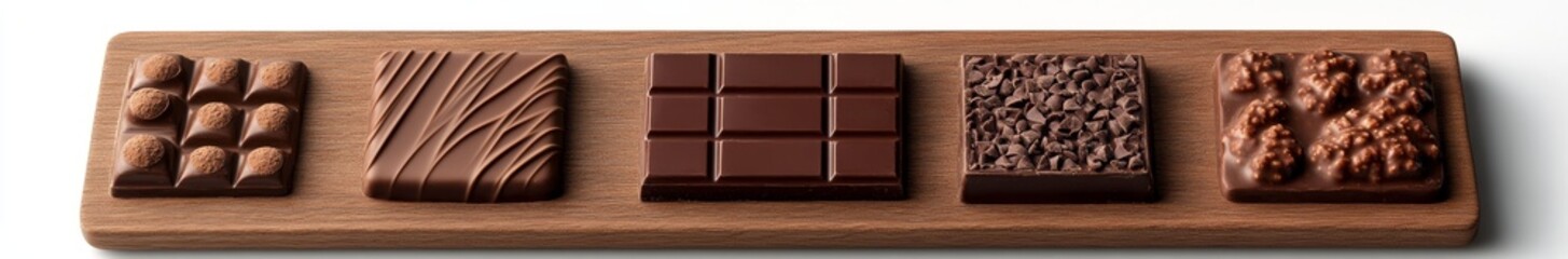 Assorted chocolate squares on wooden board.