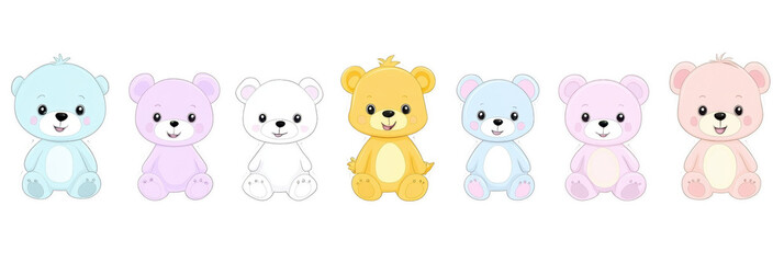 Cute cartoon animals featuring colorful teddy bears various shades. These adorable bears, including blue, purple, yellow, and pink, evoke sense of joy and playfulness. Perfect for children designs