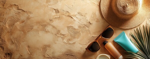 Flat lay vertical of summer beach essentials including sunscreen, straw hat, sunglasses, and flip flops on a sandy textured background showcasing sun protection and holiday vibes