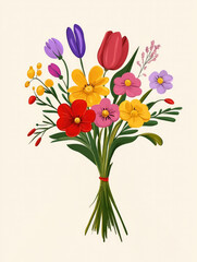 Fototapeta premium Bouquet of vibrant flowers with red tulip and yellow blossoms, elegant illustration on white background, perfect for posters, advertising, greeting cards, and branding 