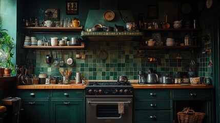 A dark green kitchen with vintage-style tiles, featuring an oven and shelves filled with pots and pans.