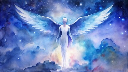 Ethereal Angel Figure with Wings in a Celestial Sky