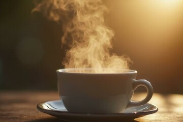 Stop motion shot of coffee steam swirling, white coffee cup at sunset, bokeh