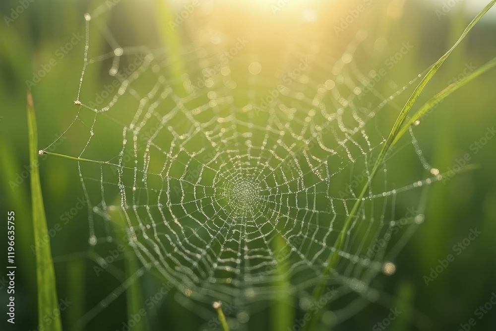 Wall mural macro of dew on spiderweb with soft bokeh of grass background