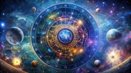 Mystical Astrological Chart with Celestial Bodies in a Cosmic Universe