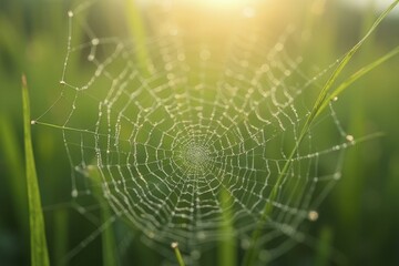 Naklejka premium Macro of dew on spiderweb with soft bokeh of grass background